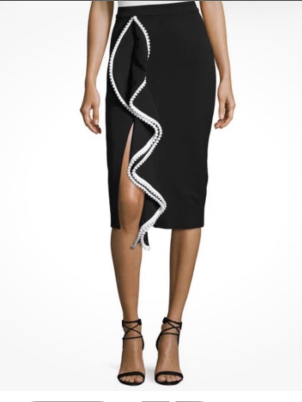 ALEXIS Brendy Black Ruffle Pencil Skirt White Pom-Pom Side-Slit S